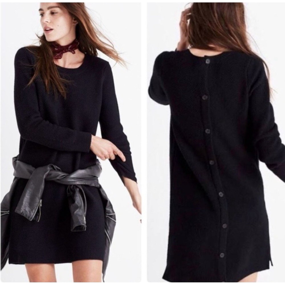 NWT Madewell Black Knit 100% Merino Button Back‎ Knee Length Shift Sweater Dress